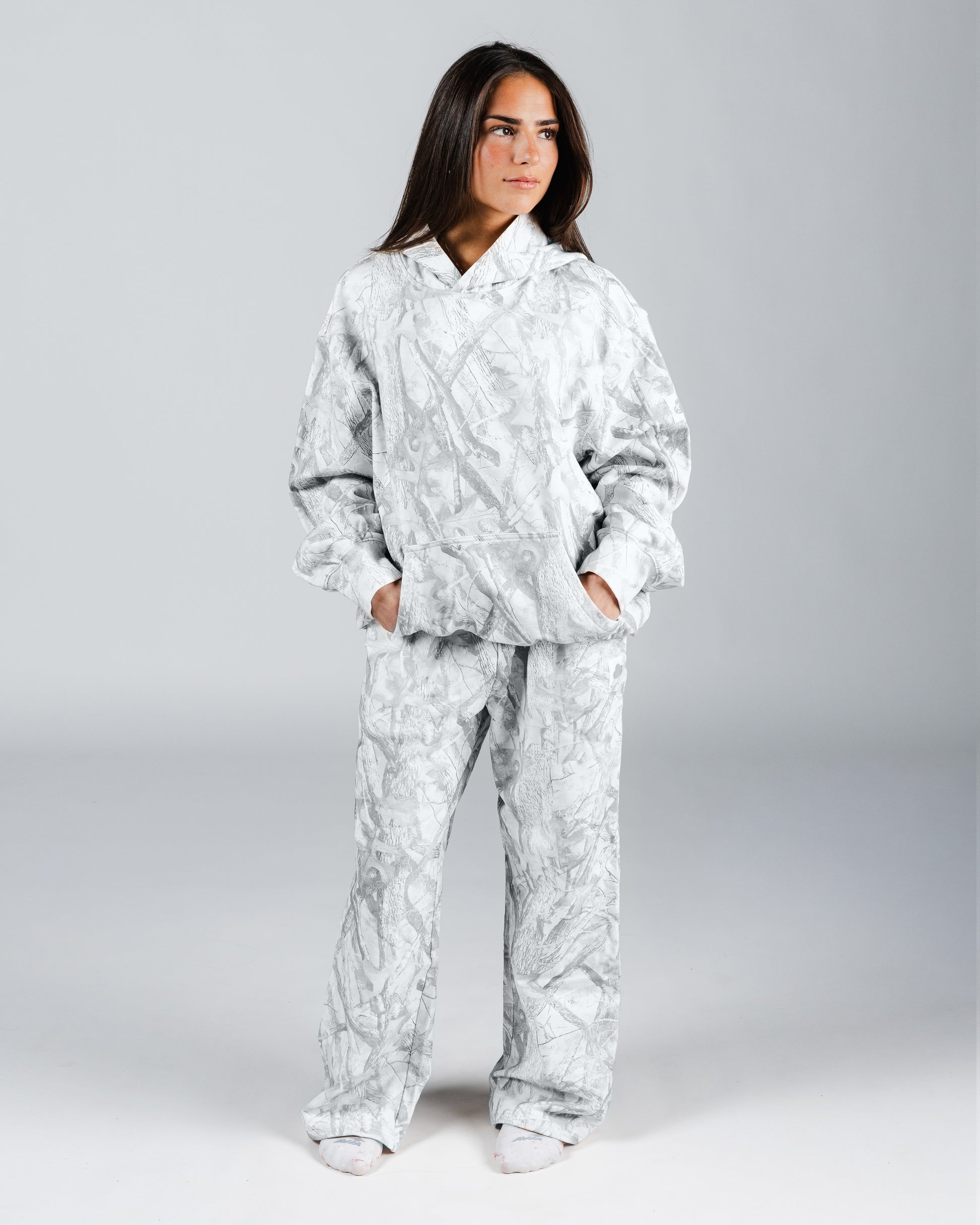 size: Model is 5'4 wearing size S | color: Snow Camo