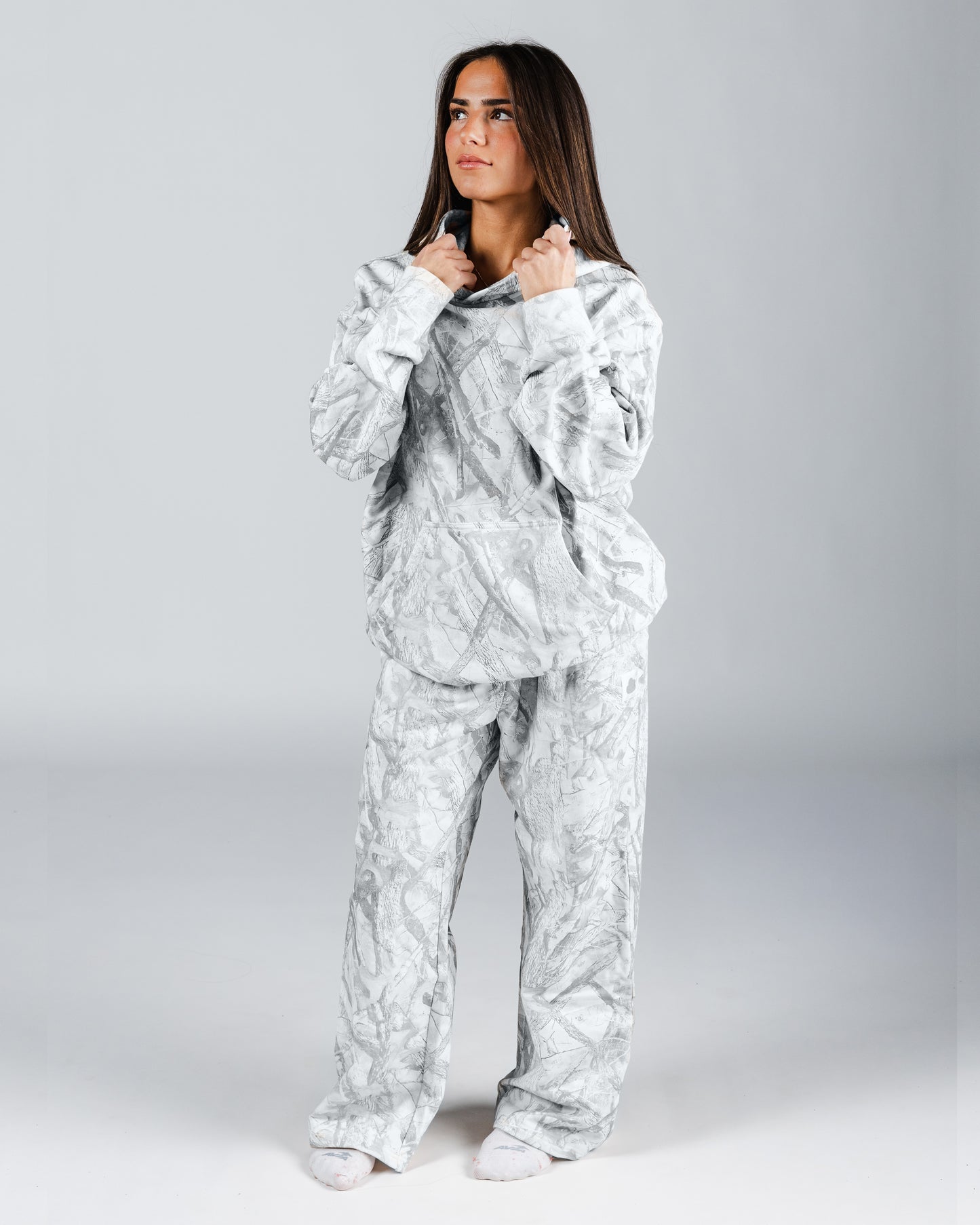 size: Model is 5'4 wearing size S | color: Snow Camo