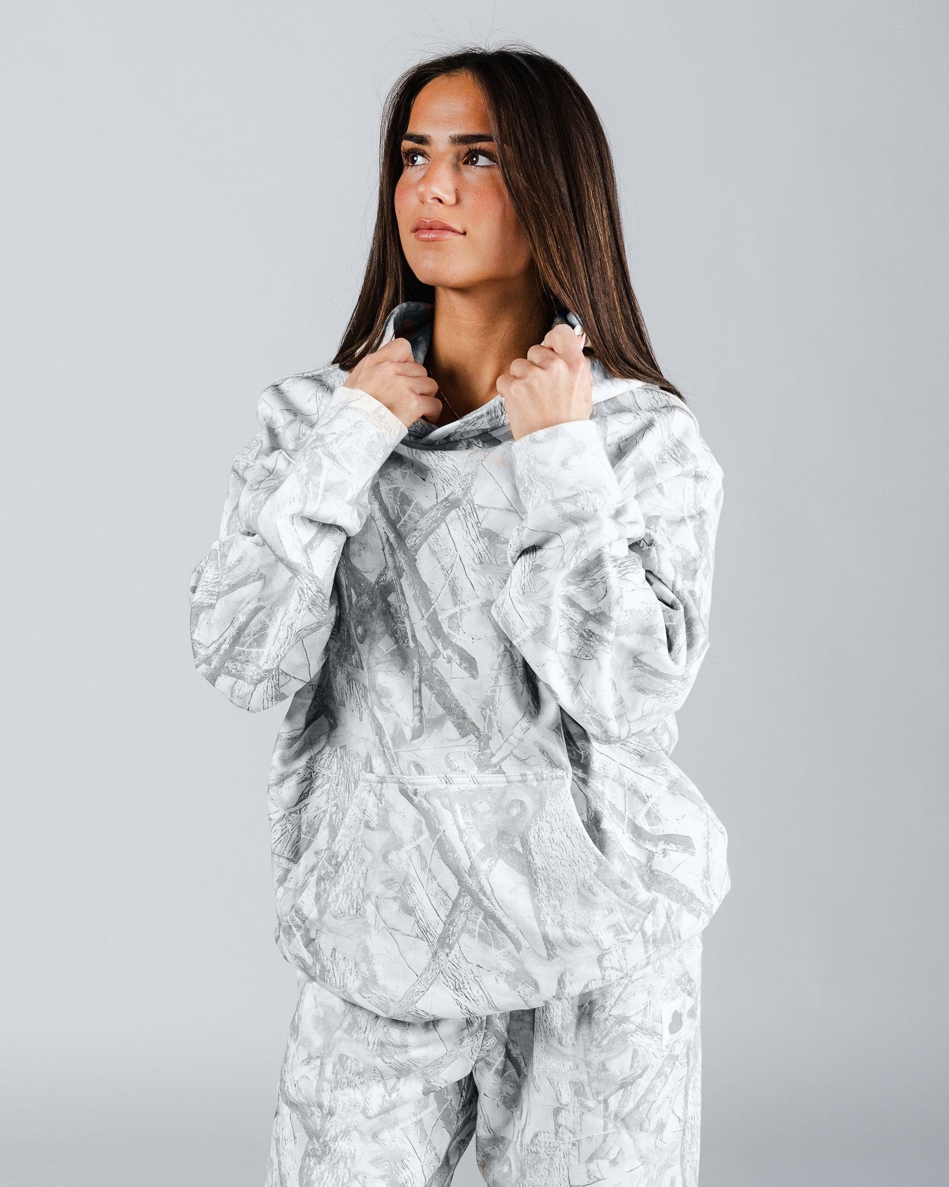size: Model is 5'4 wearing size S | color: Snow Camo
